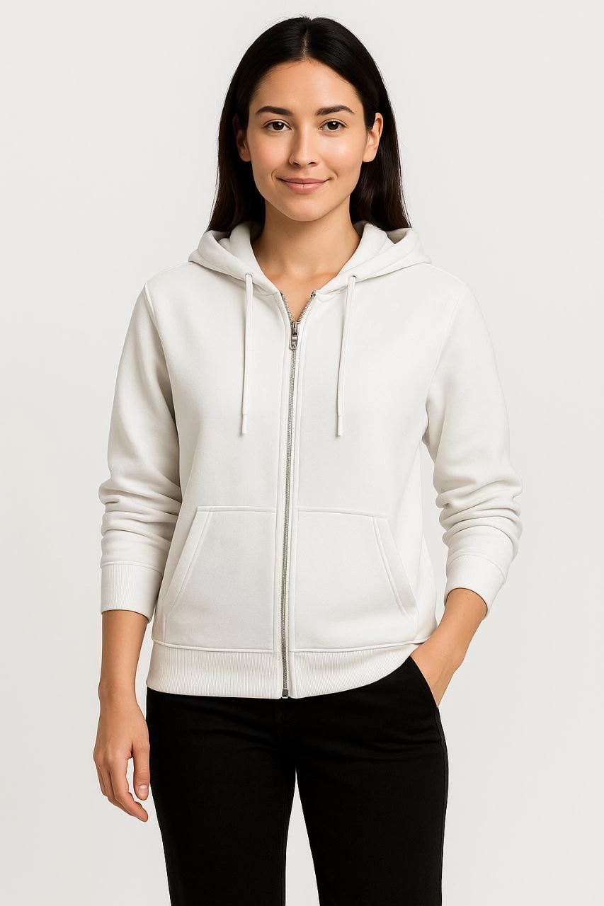Kadın 3 İplik Kapüşonlu Tam Fermuarlı Kanguru Cepli Sweatshirt Hoodie – Beyaz