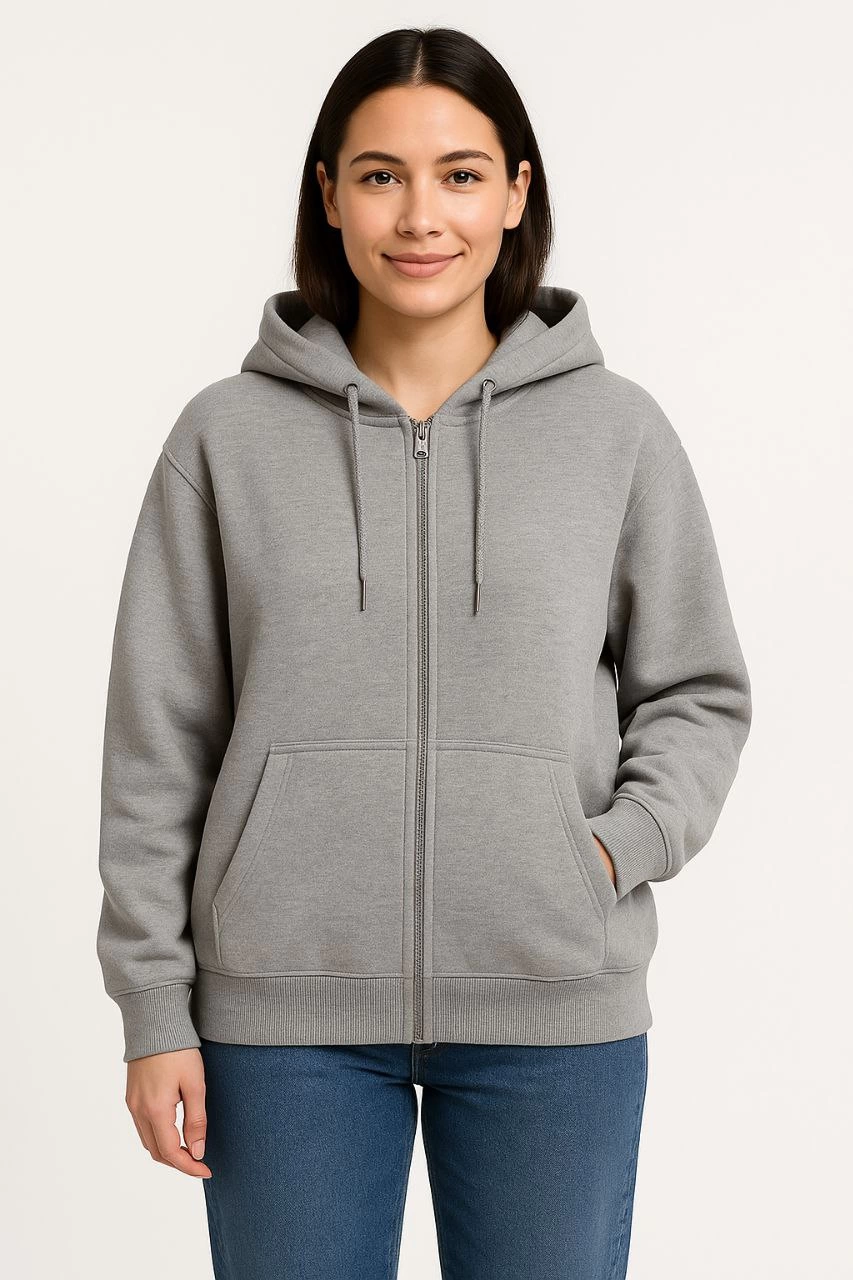 Kadın 3 İplik Pamuklu Kapüşonlu Tam Fermuarlı Kanguru Cepli Sweatshirt Hoodie – Gri