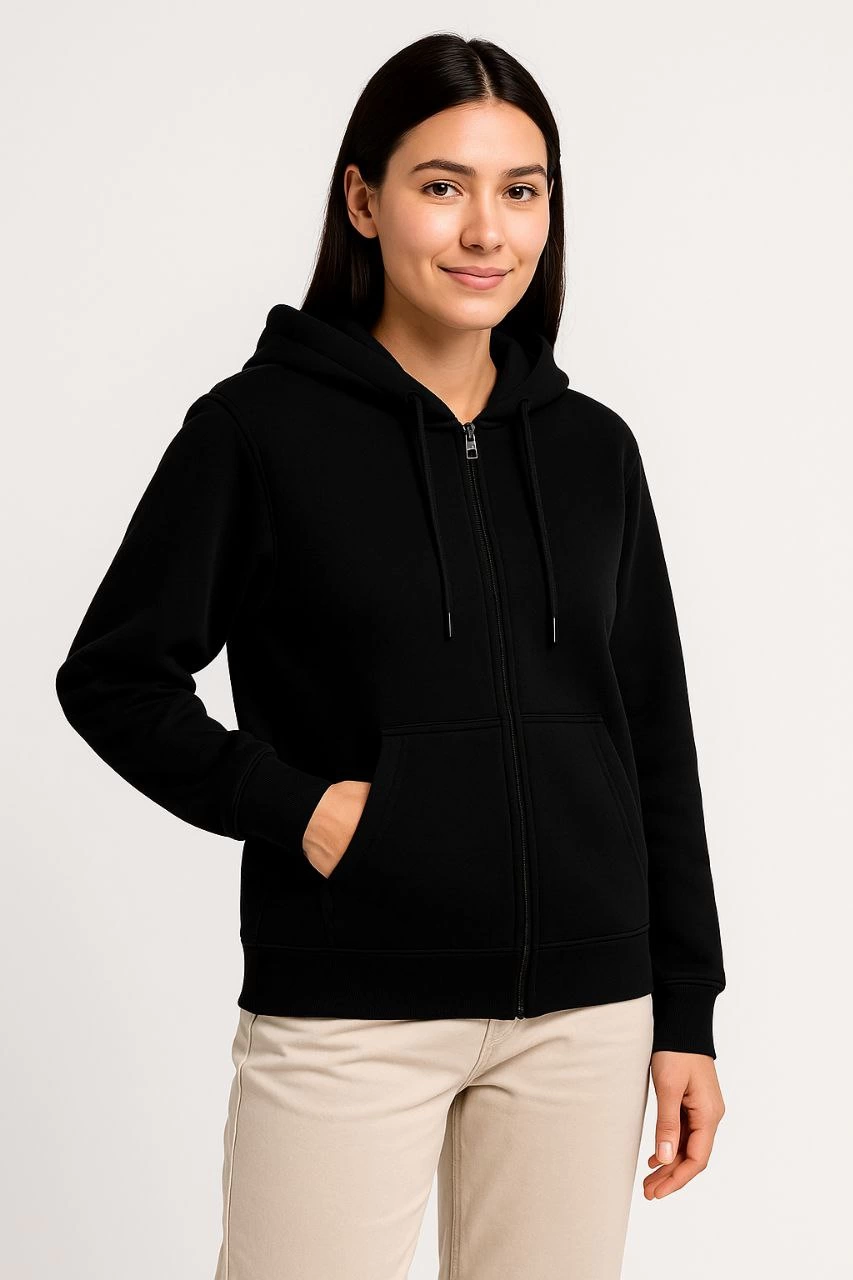 Kadın 3 İplik Kapüşonlu Tam Fermuarlı Kanguru Cepli Sweatshirt Hoodie – Siyah