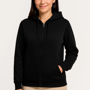Kadın 3 İplik Kapüşonlu Tam Fermuarlı Kanguru Cepli Sweatshirt Hoodie – Siyah