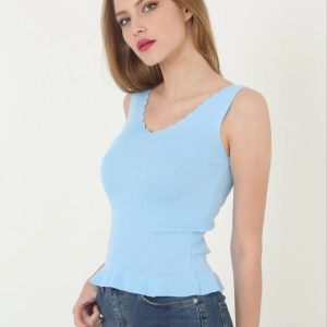 Kadın V Yaka Fırfır Detay Crop – Mavi