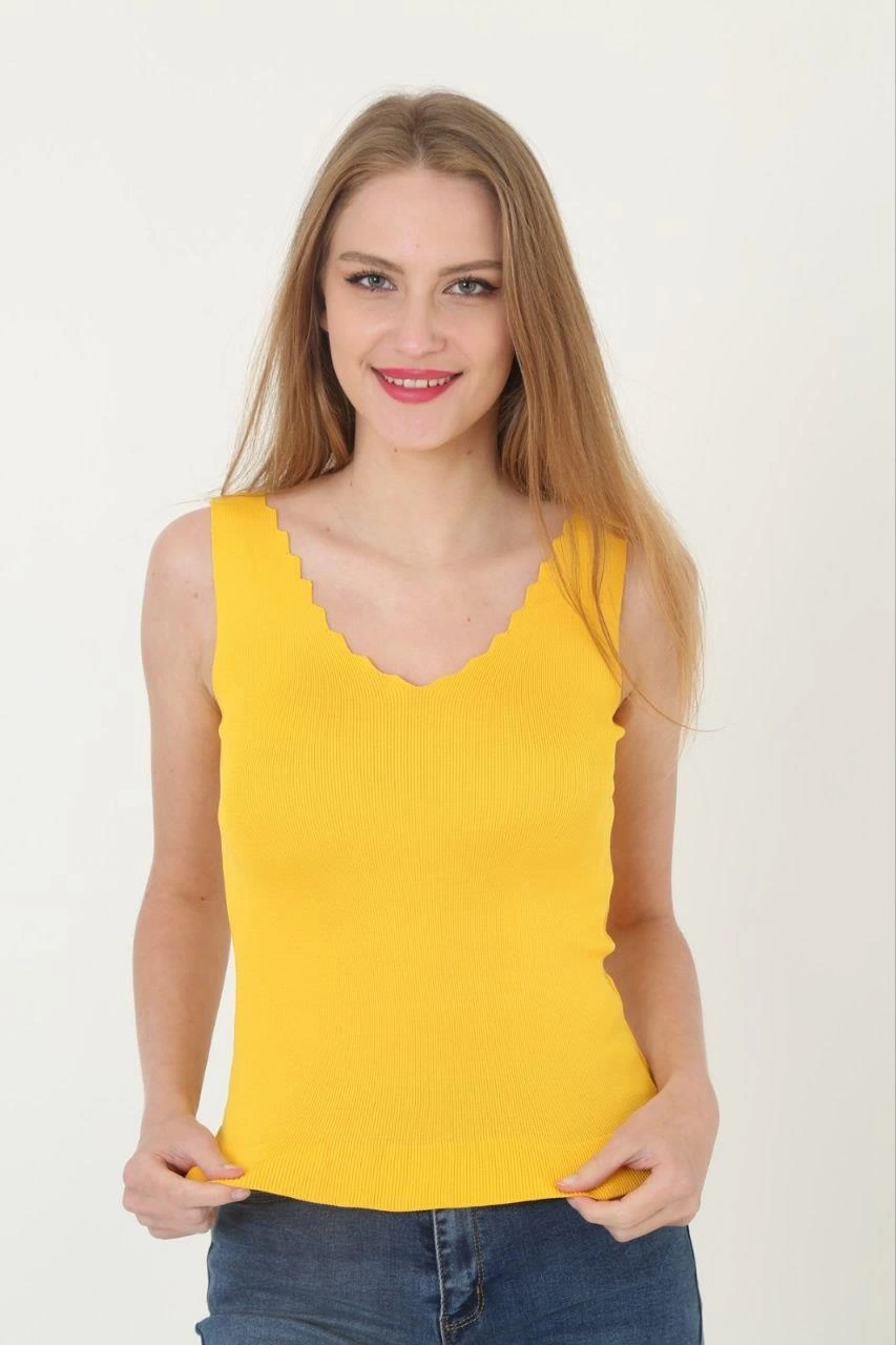 Kadın V Yaka Fırfır Detay Crop – Sarı