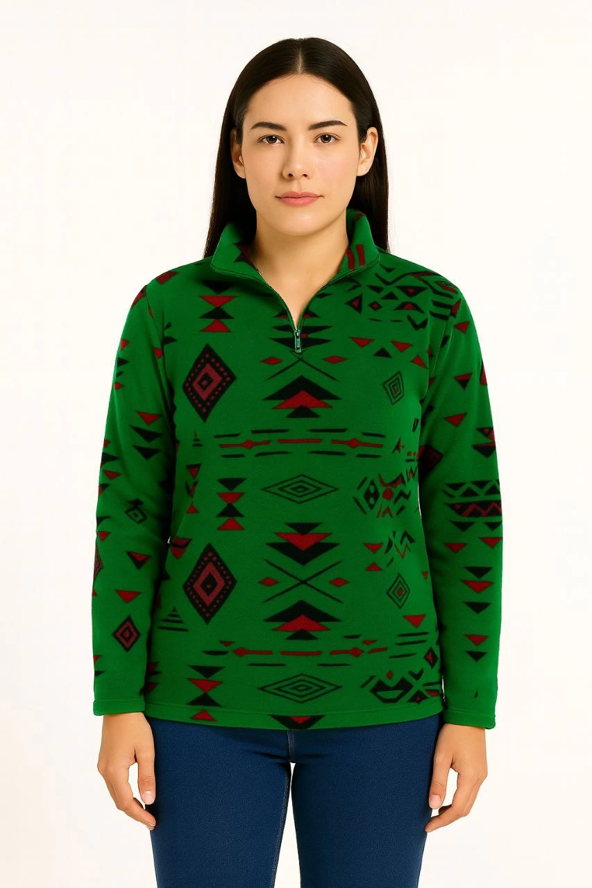 Kadın Yarım Fermuarlı Desenli Polar Sweat Tribal Etnik Desen Yakalı Uzun Kollu – Yeşil