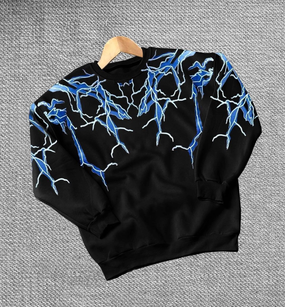 Kadın Yıldırım Baskılı Bisiklet Yaka 3 iplik pamuklu Sweatshirt – Siyah