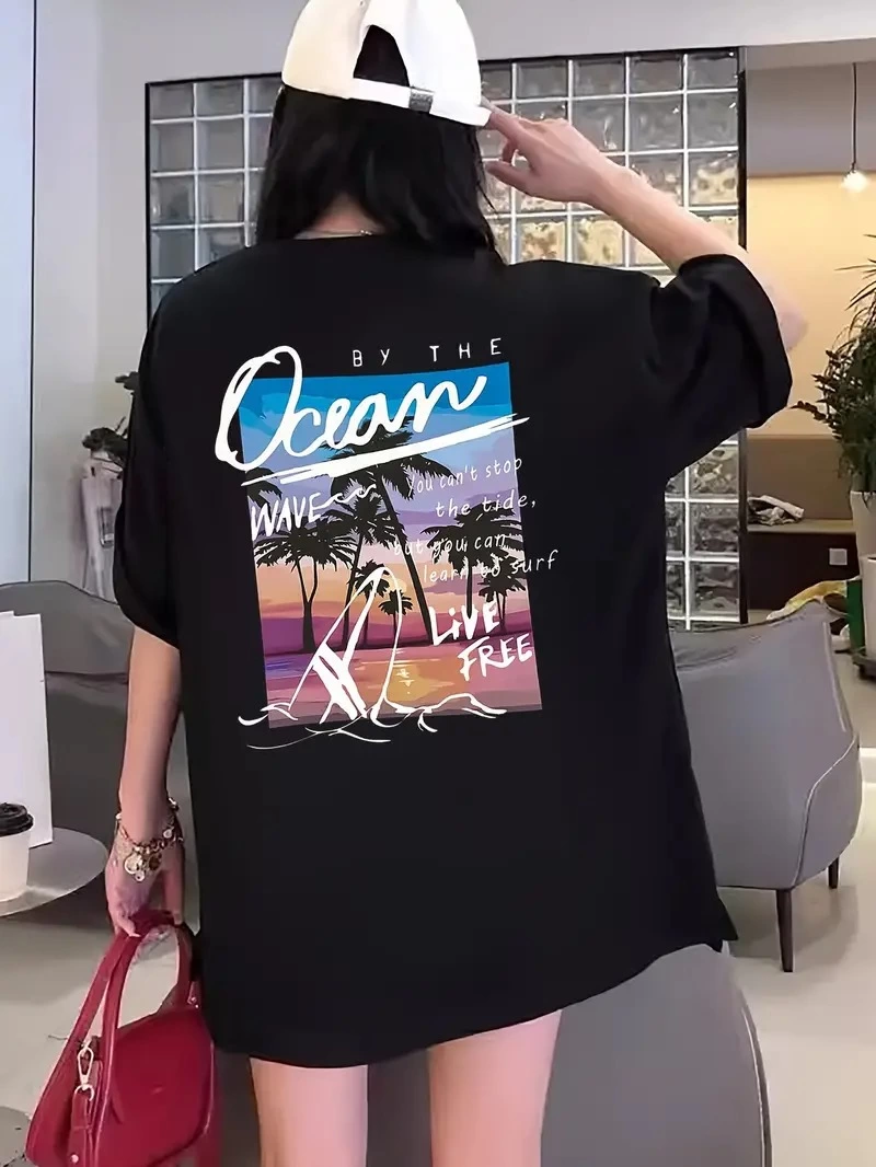 Kadın Kısa Kol Yazlık Tişört Bisiklet Yaka Okyanus Baskılı T-Shirt – Siyah