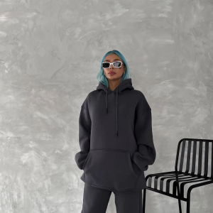 Kadın Kapüşonlu Kanguru Cepli 3 İplik Pamuklu Oversize Hoodie Sweatshirt – Füme