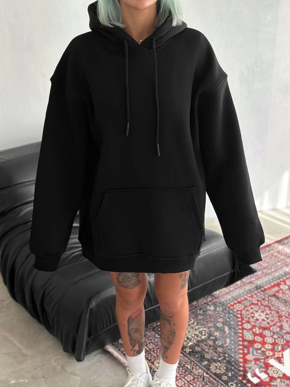 Kadın Kapüşonlu Kanguru Cepli 3 İplik Pamuklu Oversize Hoodie Sweatshirt – Siyah