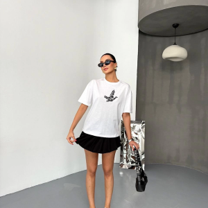 KADIN Baskılı T-Shirt Kısa Kol Bisiklet Yaka Regular Fit Yazlık Tişört – Beyaz