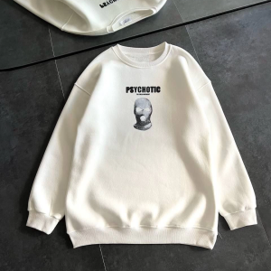 Kadın 3 iplik Kışlık Bisiklet Yaka Baskılı SweatShirt – Beyaz