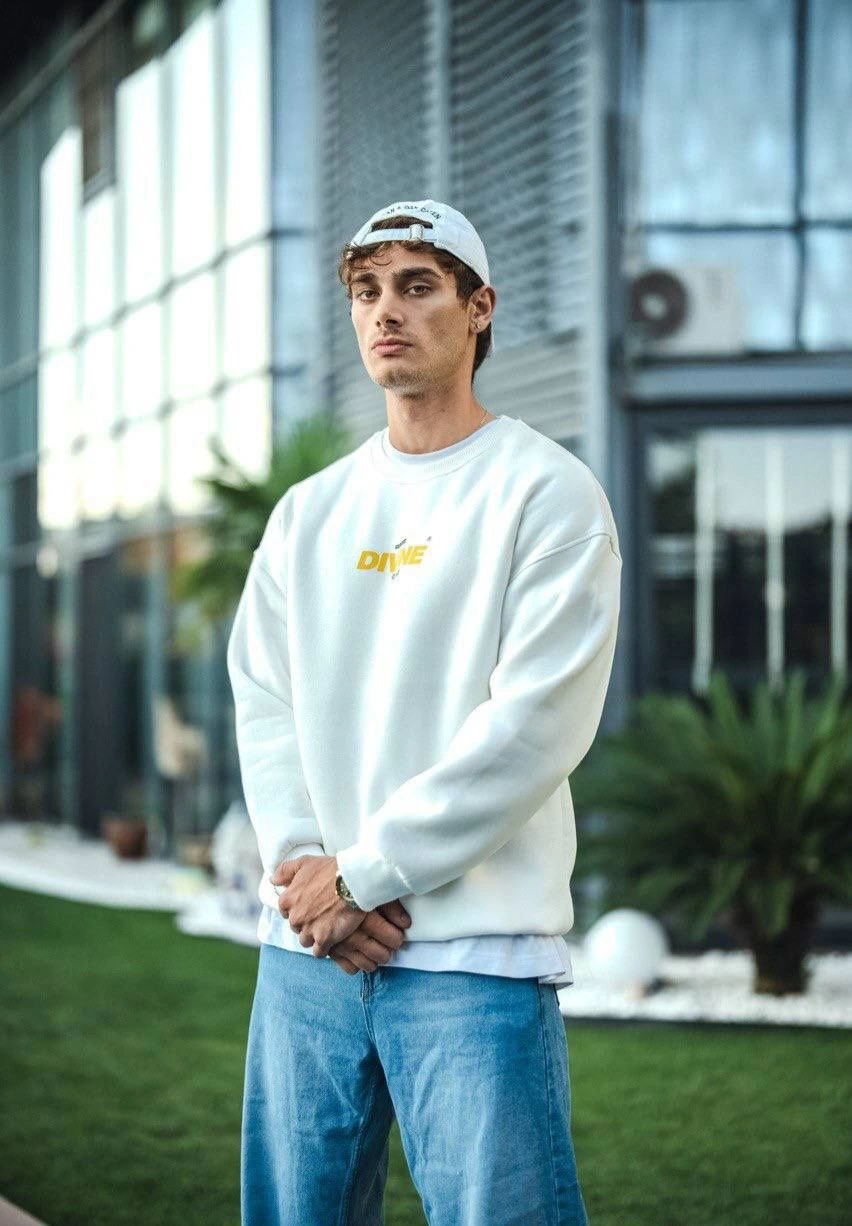 Erkek 3 iplik pamuklu Kışlık Bisiklet Yaka Baskılı SweatShirt – Beyaz