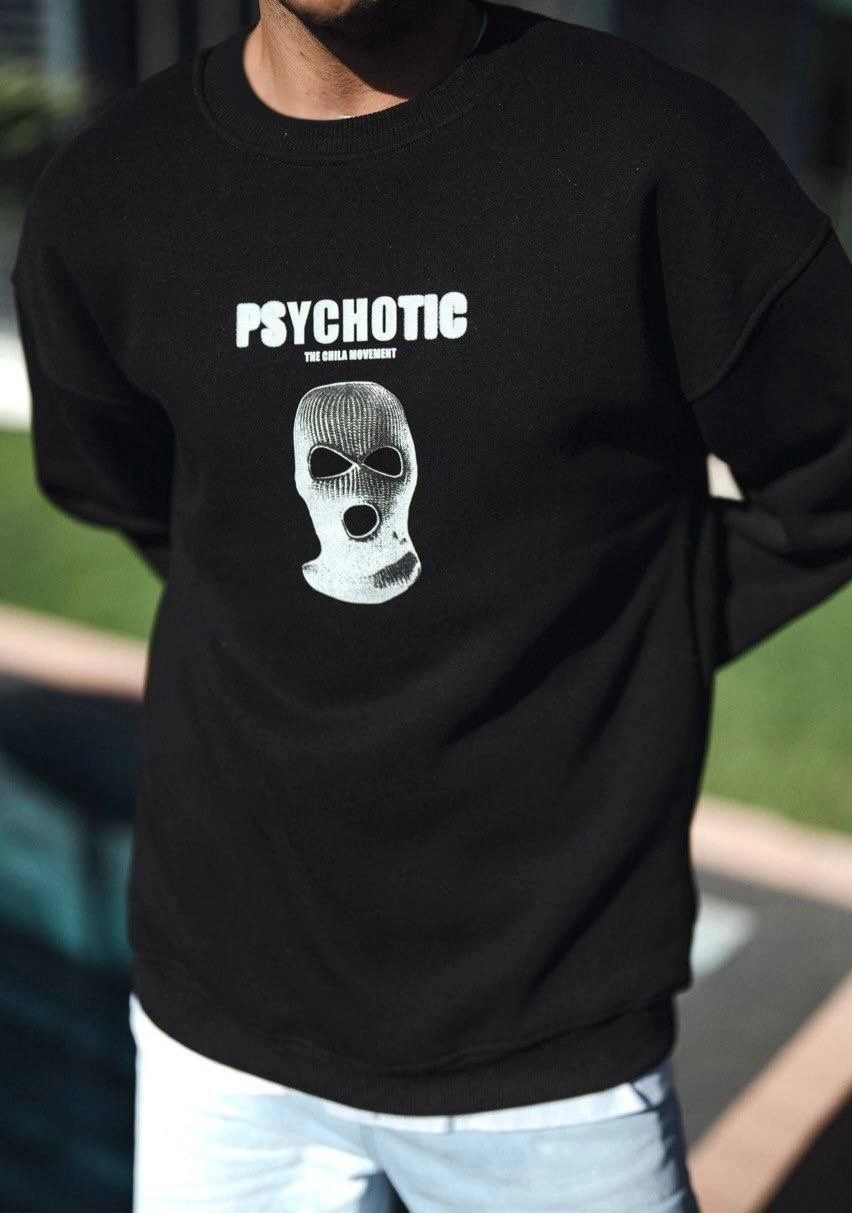 Erkek 3 iplik pamuklu Kışlık Bisiklet Yaka Baskılı SweatShirt – Siyah