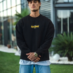 Erkek 3 iplik pamuklu Kışlık Bisiklet Yaka Baskılı SweatShirt – Siyah