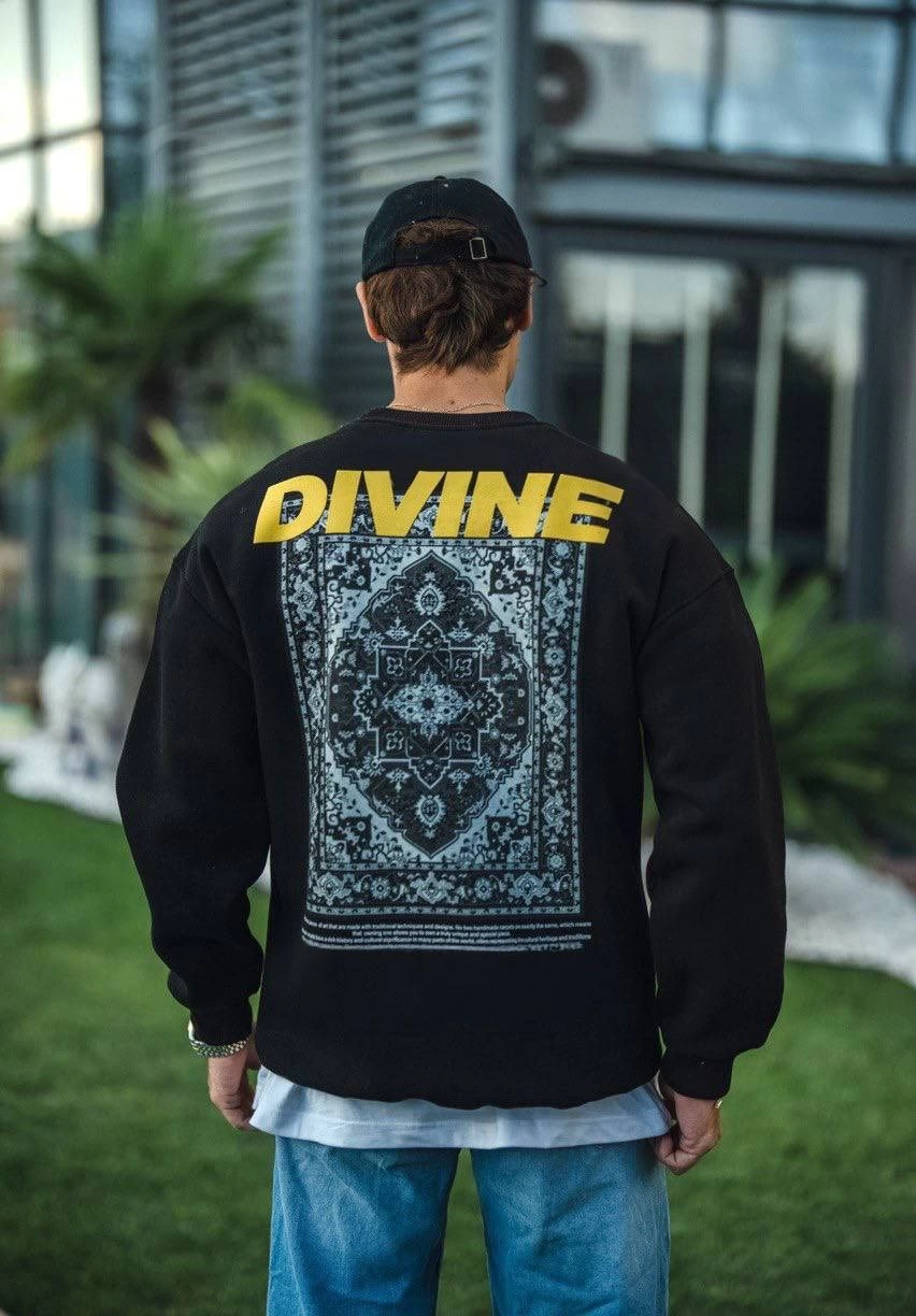 Erkek 3 iplik pamuklu Kışlık Bisiklet Yaka Baskılı SweatShirt – Siyah