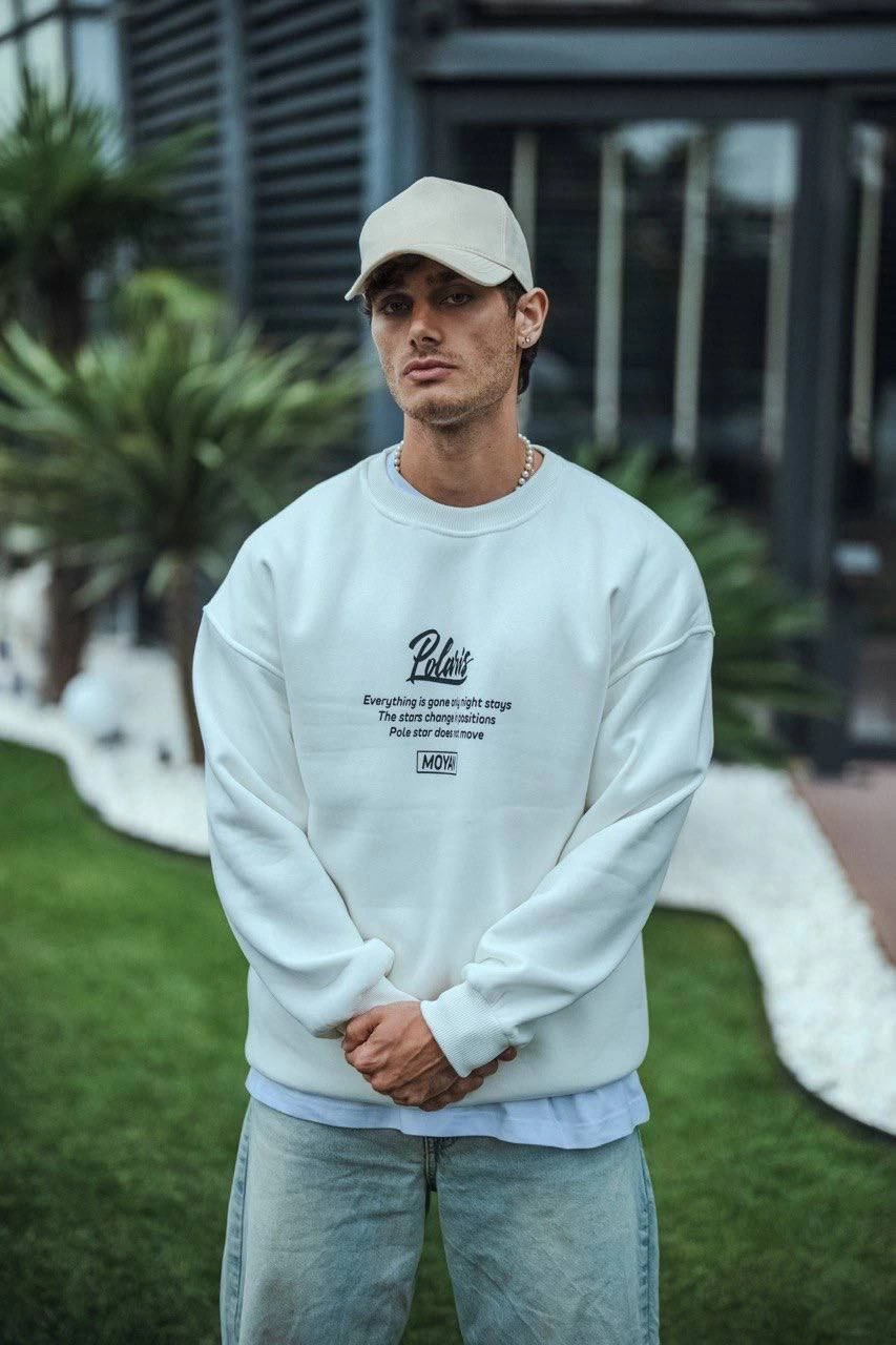 Erkek 3 iplik pamuklu Bisiklet Yaka Ön Ve Arka Baskılı SweatShirt – Beyaz