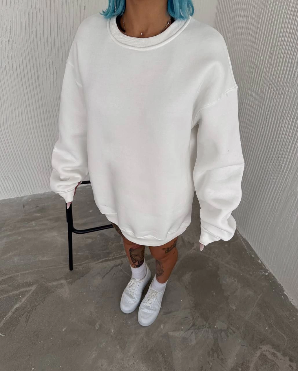 Kadın Bisiklet Yaka 3 İplik Pamuklu Basic SweatShirt – Beyaz