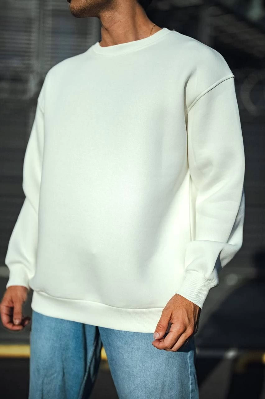Erkek Bisiklet Yaka 3 İplik Pamuklu Basic SweatShirt – Beyaz