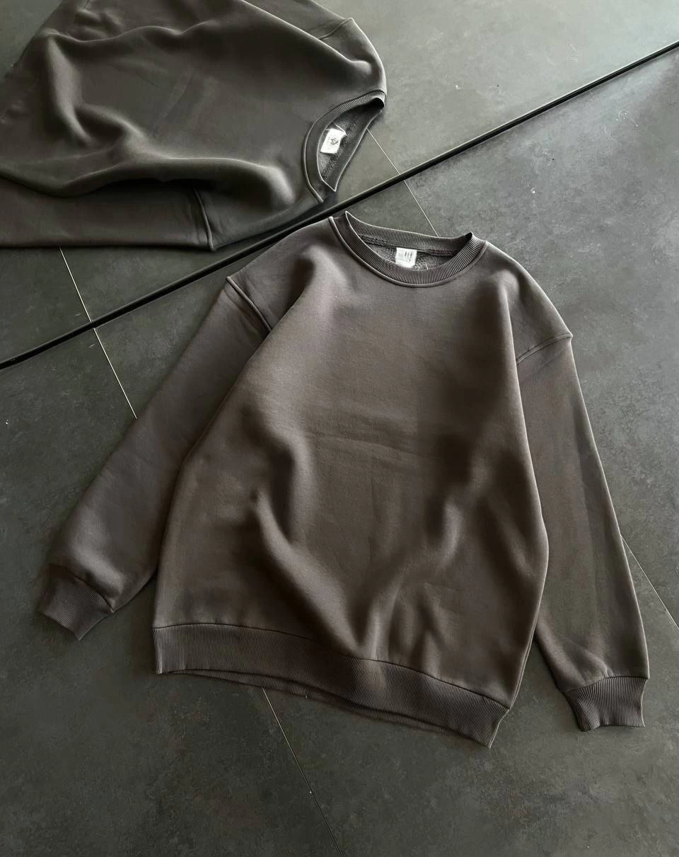 Kadın Bisiklet Yaka 3 İplik Pamuklu Basic SweatShirt – Füme