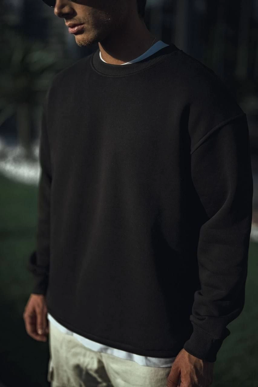 Erkek pamuklu Bisiklet Yaka 3 İplik Basic SweatShirt – Siyah