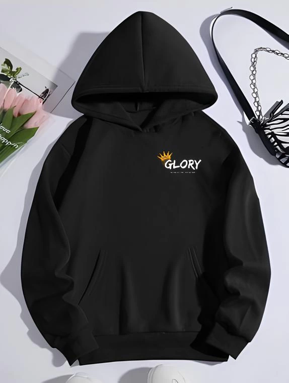 Kadın Oversize Kapüşonlu Kanguru Cepli Baskılı 3 İplik Pamuklu Sweatshirt Hoodie – Siyah