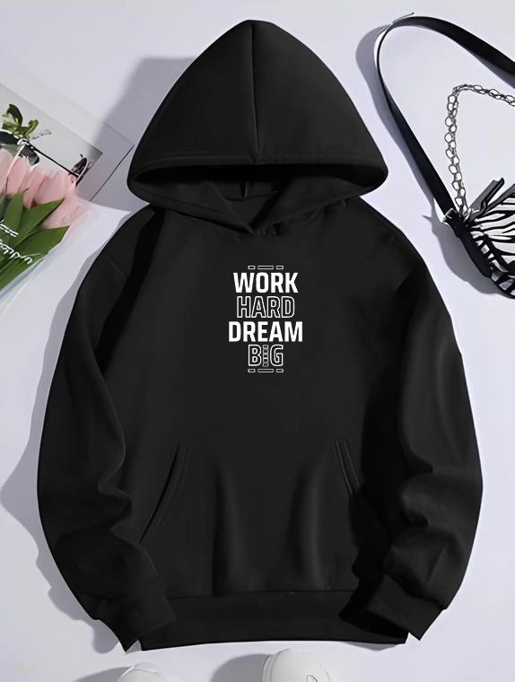 Kadın Oversize Kapüşonlu Cepli Baskılı 3 İplik Pamuklu Hoodie Sweatshirt – Siyah