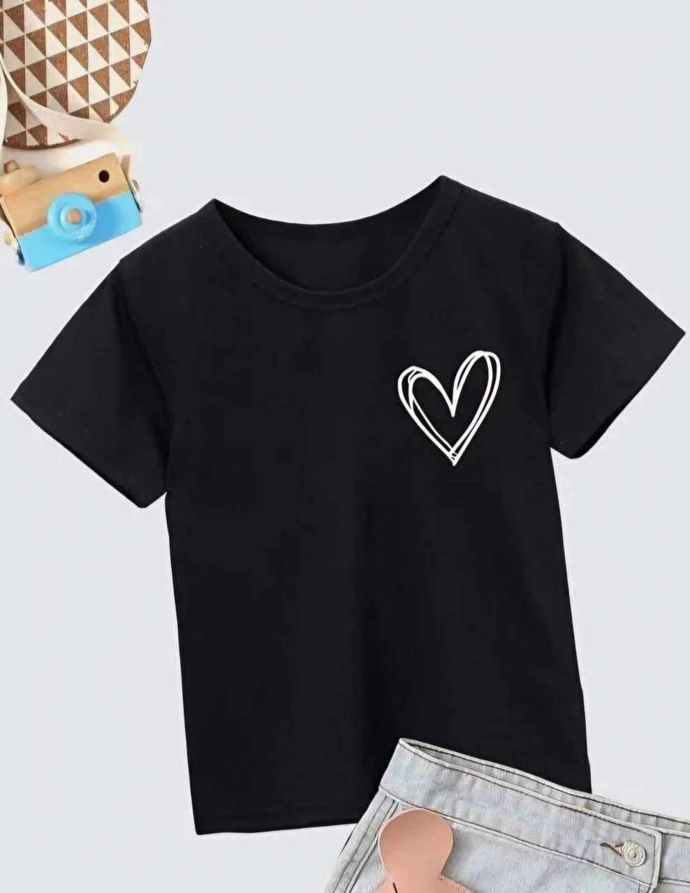 Kız Çocuk Bisiklet Yaka Baskılı T-Shirt – Siyah