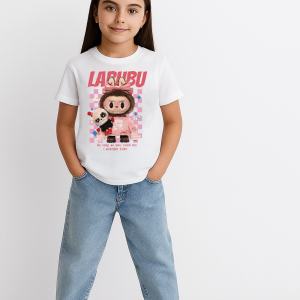 Kız Labubu Çocuk Baskılı T-Shirt – Beyaz