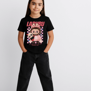 Kız Labubu Çocuk Baskılı T-Shirt – Siyah
