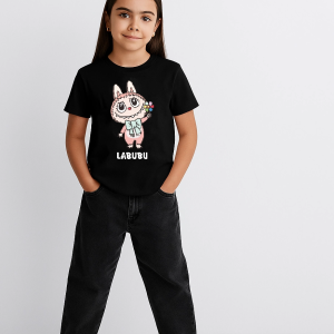Kız Labubu Çocuk Baskılı T-Shirt – Siyah