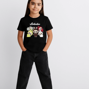 Kız Labubu Çocuk Baskılı T-Shirt – Siyah