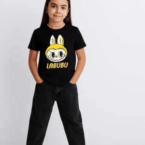Kız Labubu Çocuk Baskılı T-Shirt – Siyah