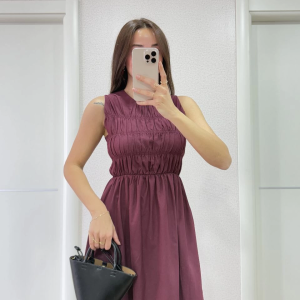 Kadın Kolsuz Göğüs Lastıklı 0 Poplin Uzun Elbise – Bordo