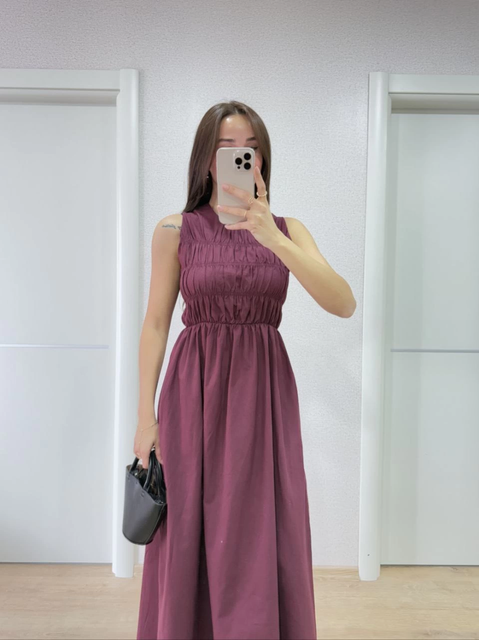 Kadın Kolsuz Göğüs Lastıklı 0 Poplin Uzun Elbise – Bordo