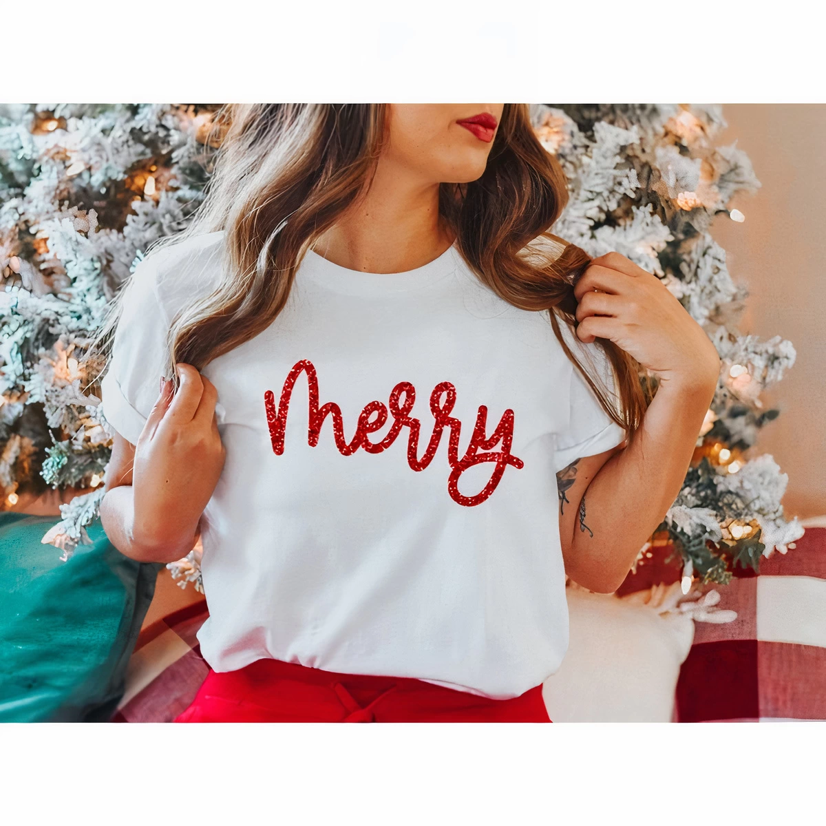 Yılbaşı Merry Christmas Baskılı Kısa Kollu Oversize Bisiklet Yaka T-shirt – Beyaz