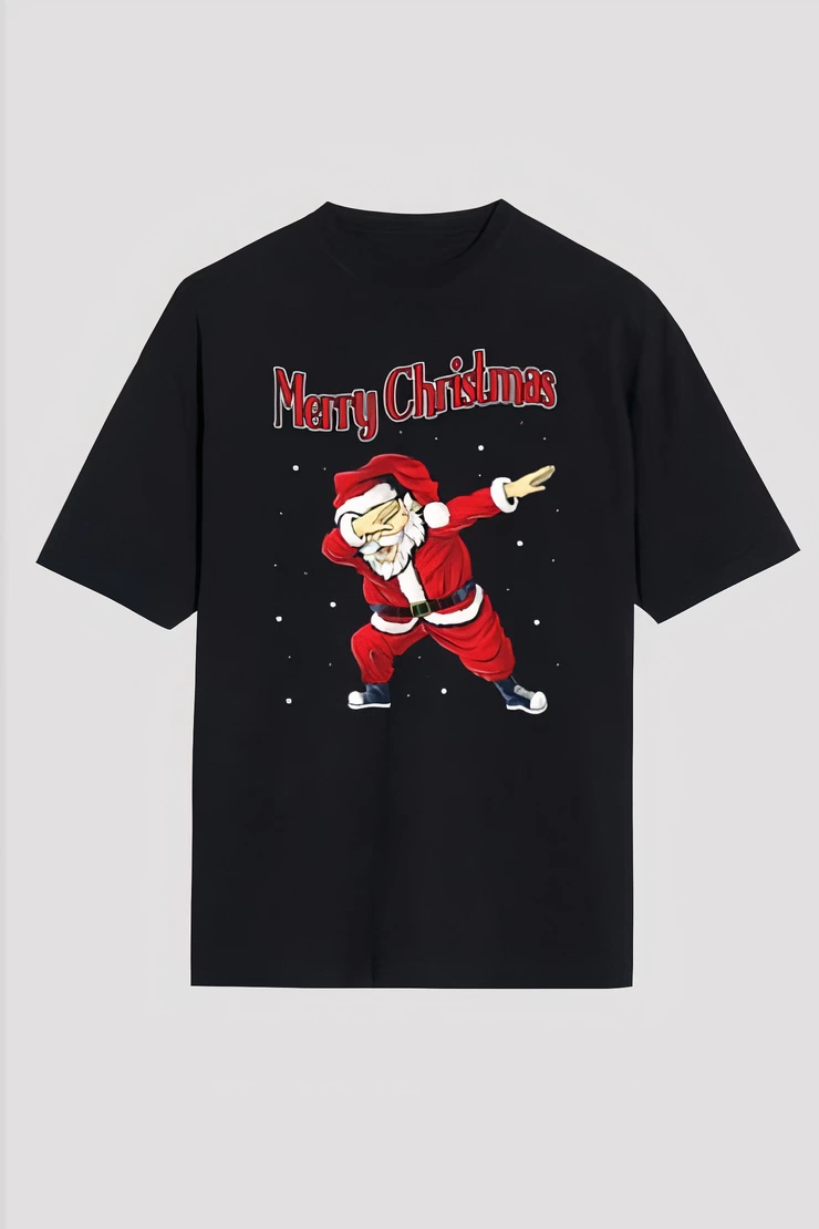 Yılbaşı Merry Christmas Noel Baba Baskılı Oversize Bisiklet Yaka T-shirt – Siyah