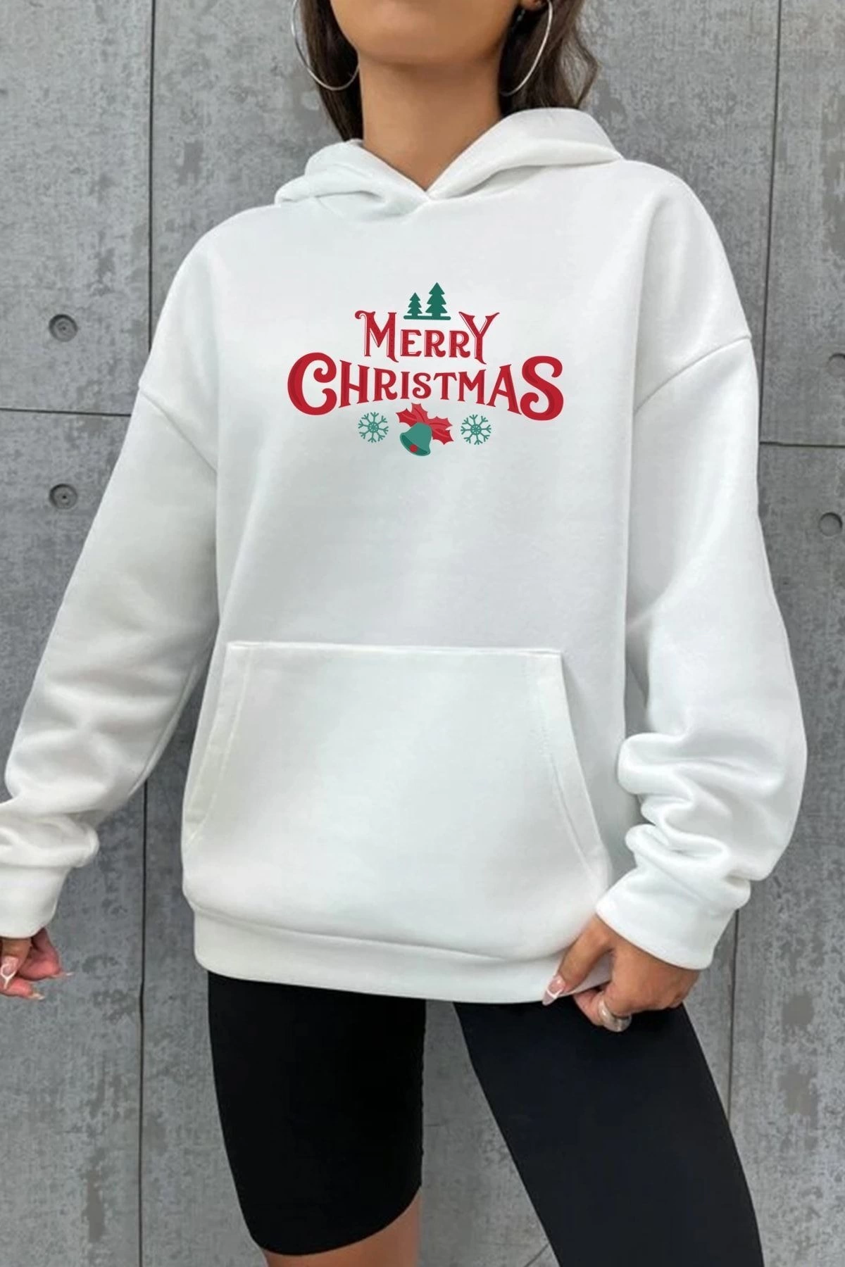 Yılbaşı Merry Christmas Baskılı Oversize Kapüşonlu Sweatshirt Hoodie – Beyaz