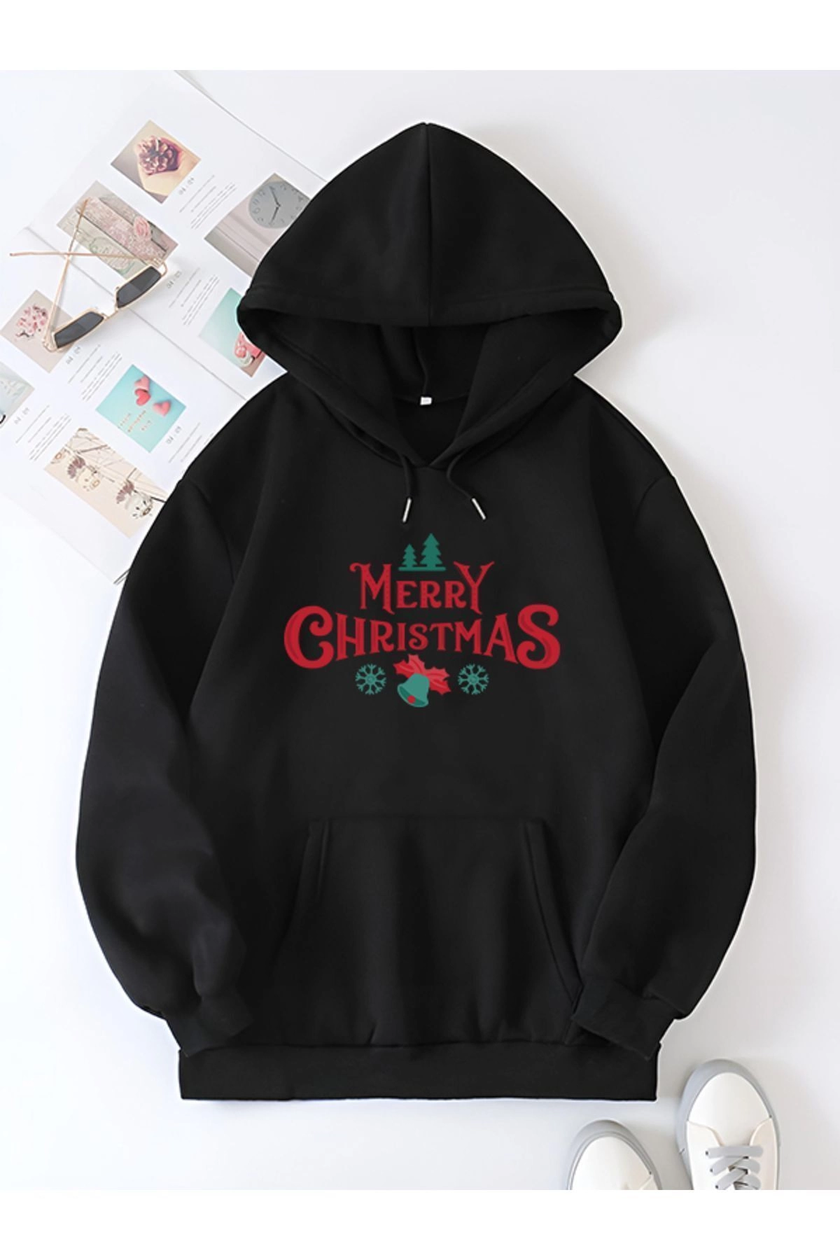 Yılbaşı Merry Christmas Baskılı Oversize Kapüşonlu Sweatshirt Hoodie – Siyah