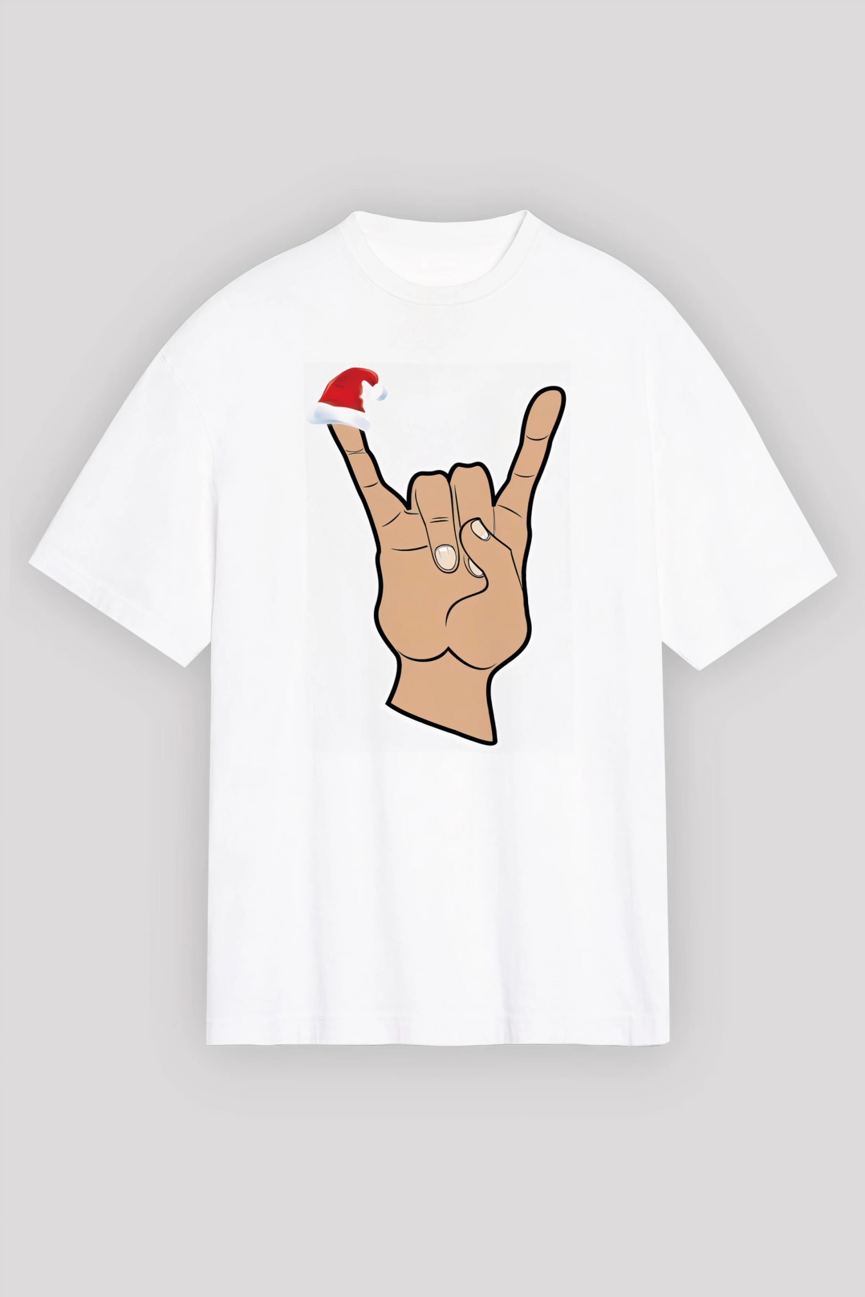 Yılbaşı Noel Başlıklı Serçe Parmak Baskılı Oversize Bisiklet Yaka T-shirt – Beyaz