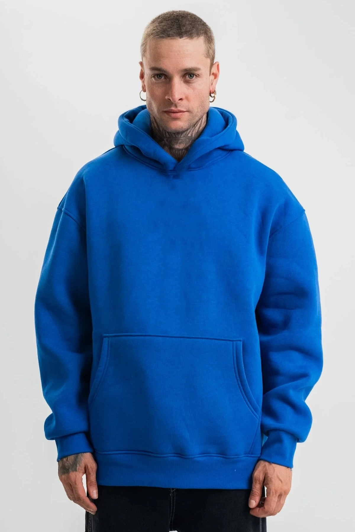 Erkek Oversize 3 İplik Pamuklu Kapüşonlu Kanguru Cepli Hoodie Sweatshirt – Saks Mavisi