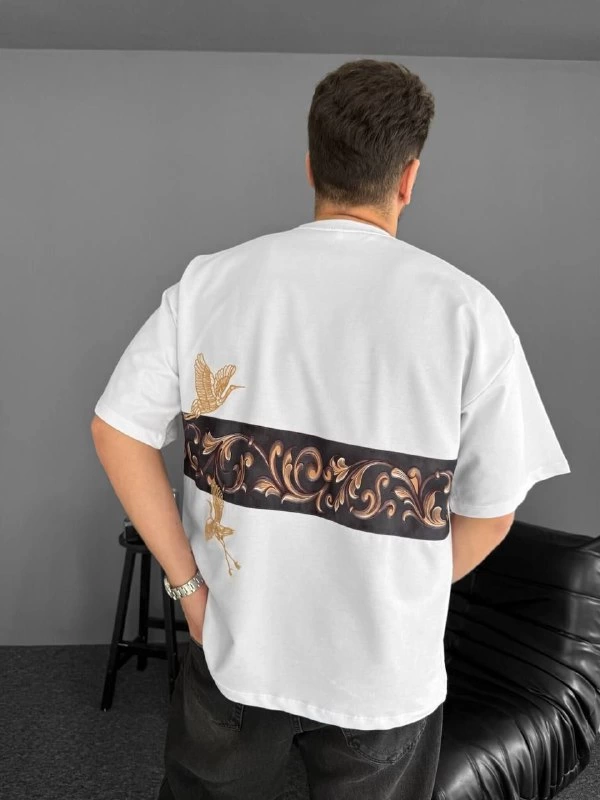 Erkek T-Shirt Ön ve Arka Baskılı Oversize Bisiklet Yaka tişort – Beyaz