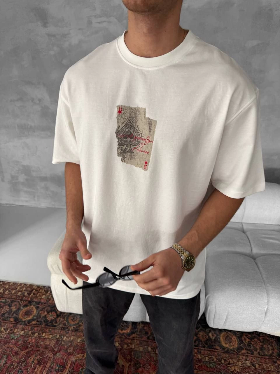 ERKEK Tişört Kısa kol Ön ve Arka Baskılı Oversize Bisiklet Yaka T-Shirt – Beyaz