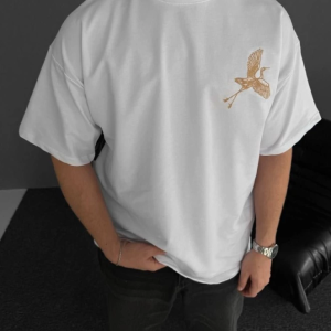 Erkek T-Shirt Ön ve Arka Baskılı Oversize Bisiklet Yaka tişort – Beyaz