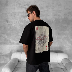 ERKEK Tişört Kısa Kol Ön ve Arka Baskılı Oversize Bisiklet Yaka T-shirt – Siyah