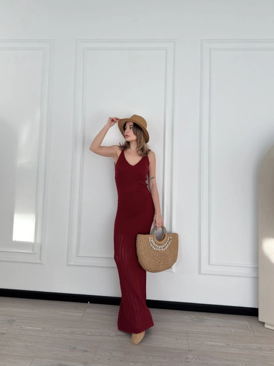Kadın Örgülü Uzun Triko Elbise – Bordo