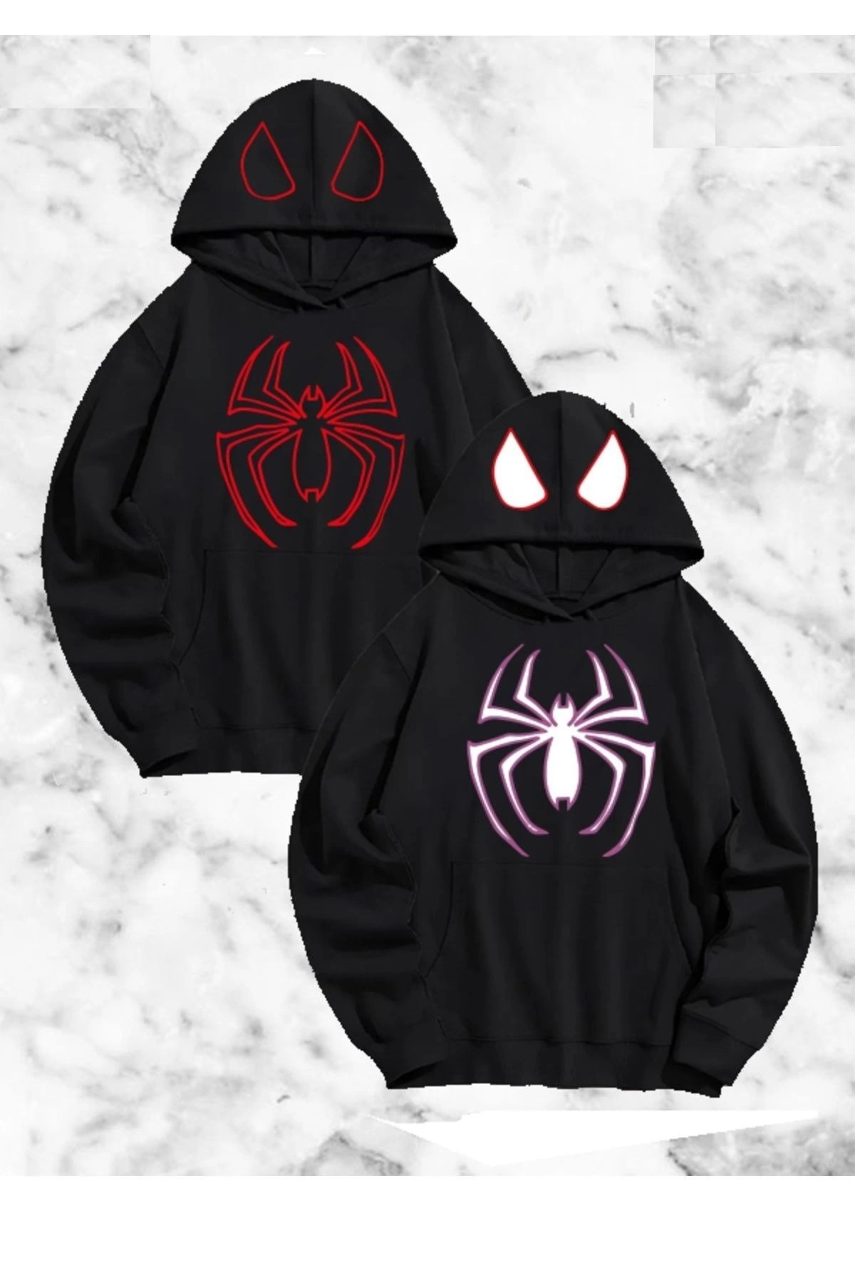 Sevgili Çift Kombini Örümcek Baskılı Kapüşonlu Sweatshirt Hoodie – Siyah
