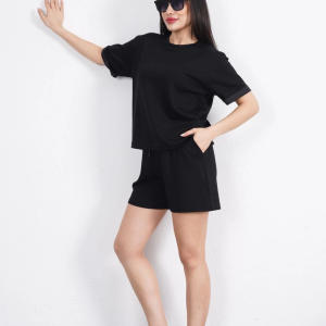 Osy Modal yumuşak dokulu Kumaş Kadın Bisiklet Yaka T-shirt Kısa Şort İkili Takım – Siyah