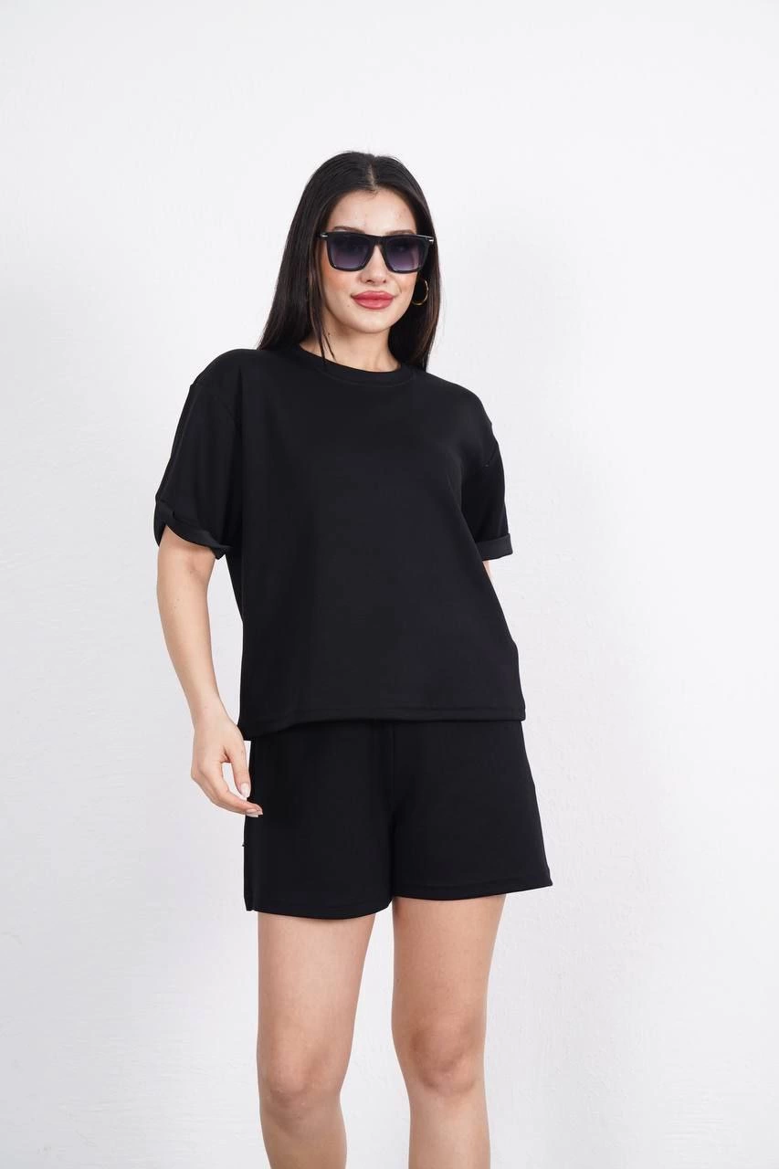 Osy Modal yumuşak dokulu Kumaş Kadın Bisiklet Yaka T-shirt Kısa Şort İkili Takım – Siyah