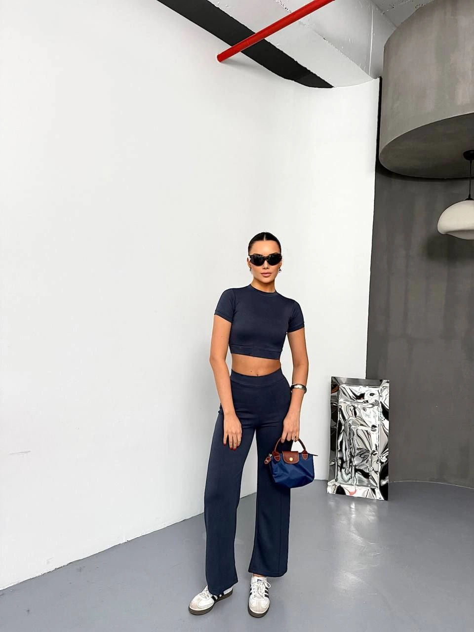 Kadın Osy Modal Yumuşak Dokulu Kumaş Kısa Kollu Crop Alt ispanyol Paça Pantolon ikili Takım – Füme