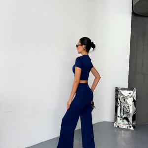 Kadın Osy Modal Yumuşak Kumaş Kısa Kollu Crop Alt ispanyol Paça Pantolon ikili Takım – Lacivert