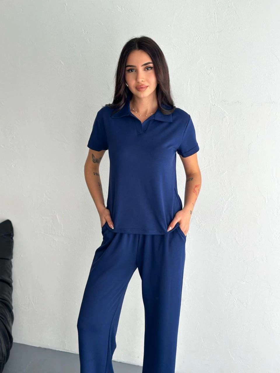 Kadın Osy Modal Yumuşak Dokulu Kısa Kollu Yakalı Pantolon ikili Takım – Lacivert