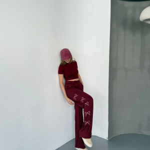 Kadın Osy Modal Yumuşak Dokulu Kumaş Nakış işlemeli Rahat Bol Paça Eşofman Pantolon – Bordo